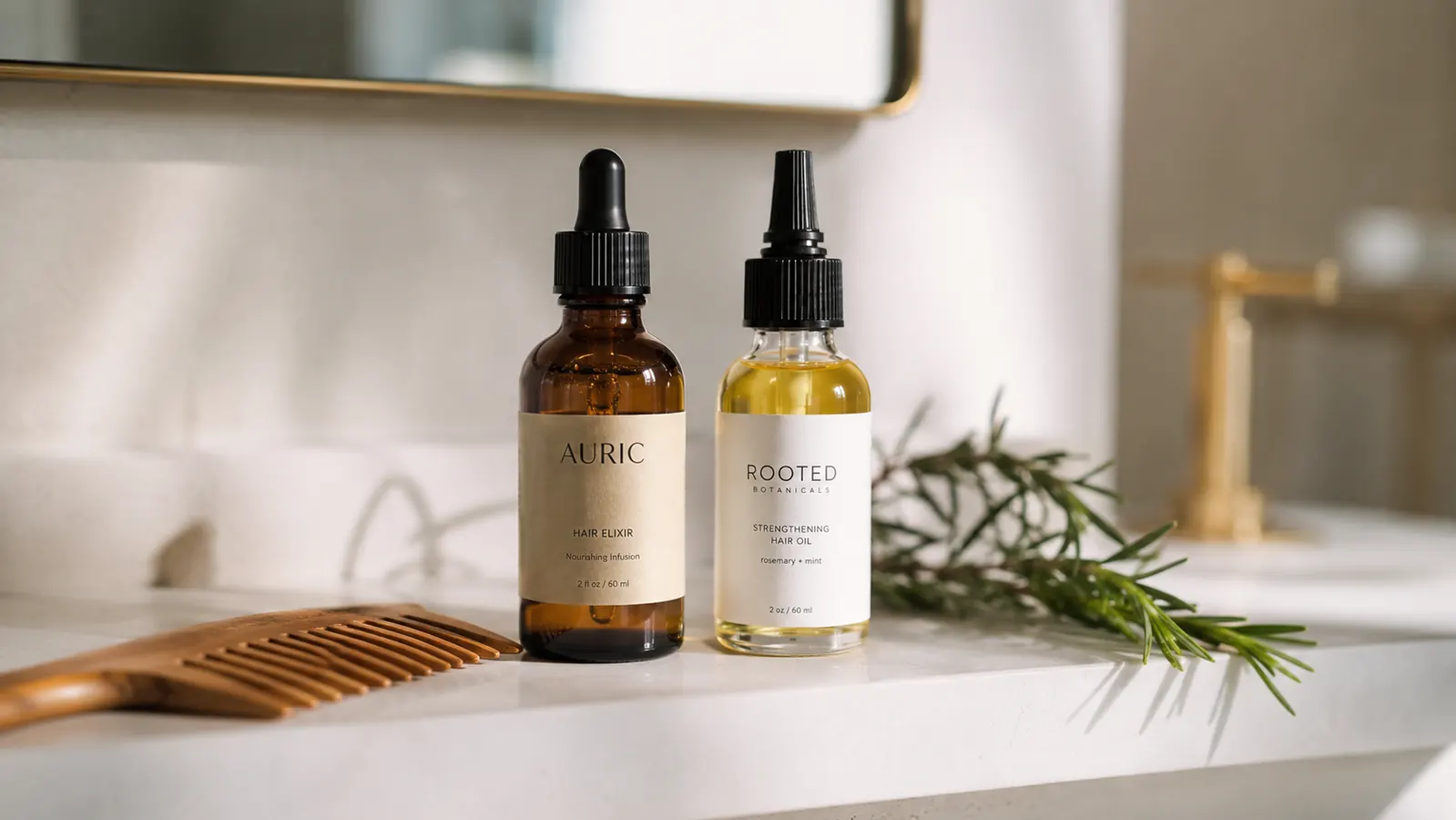 Two small bottles of hair oil on a bathroom shelf next to a wide-tooth comb and a sprig of rosemary