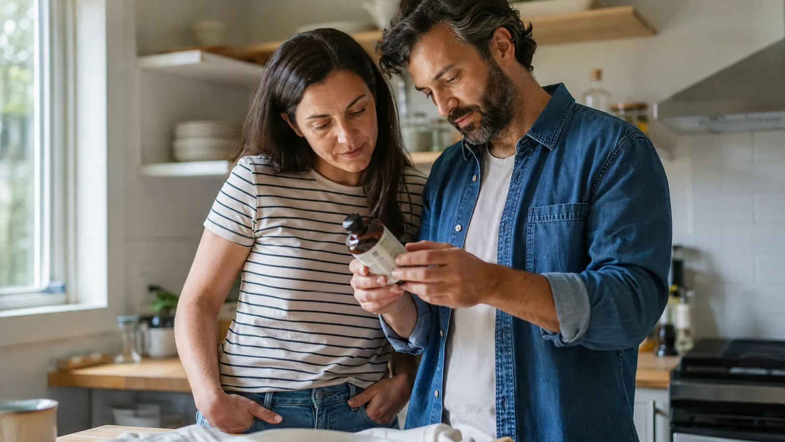 Couple reading the back label on a skincare bottle together at a bright kitchen counter
