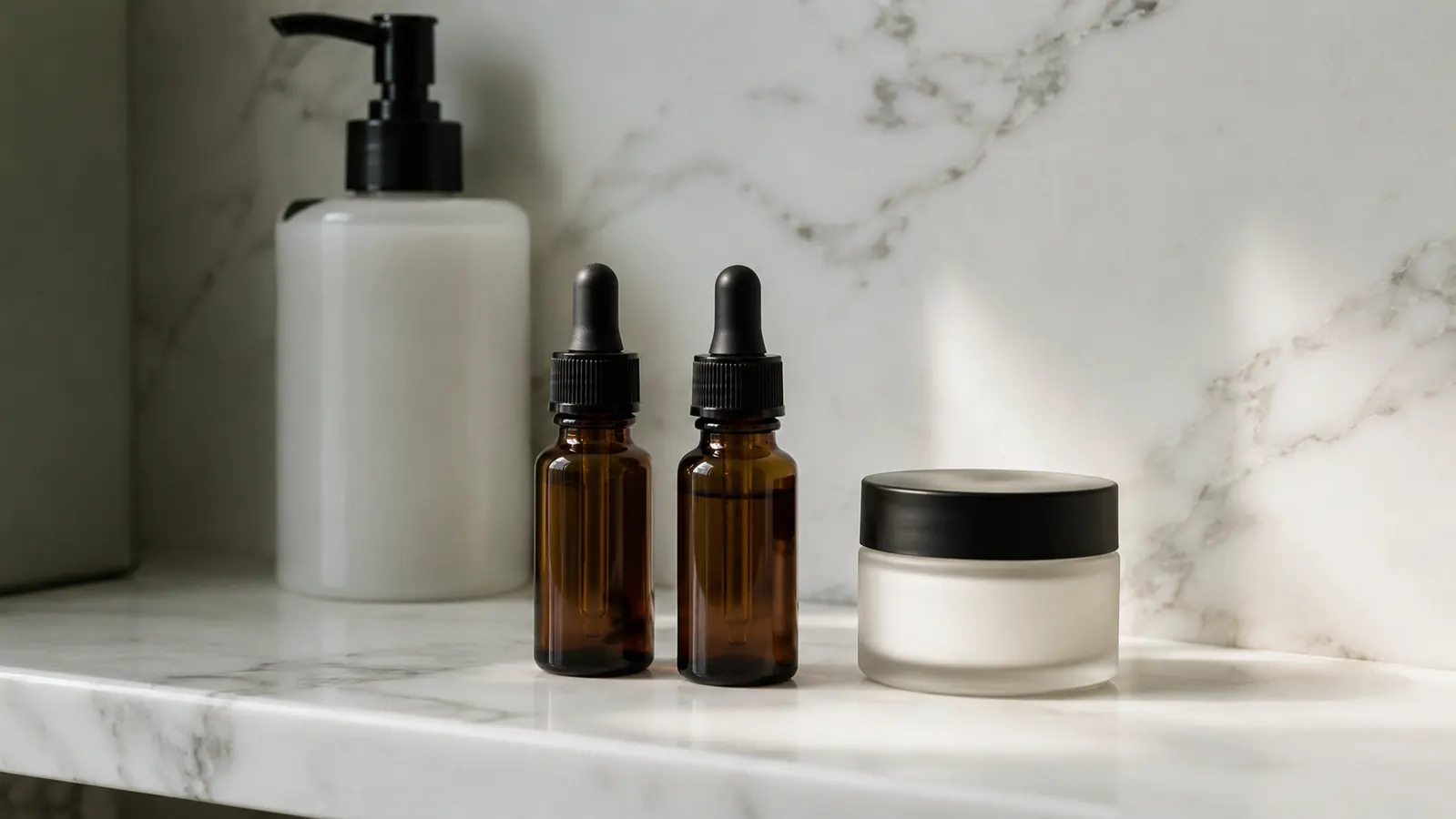 Two small amber dropper bottles on a bathroom shelf beside a moisturizer and face wash