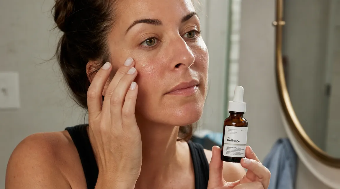 Person applying skincare serum to clean face in bathroom mirror