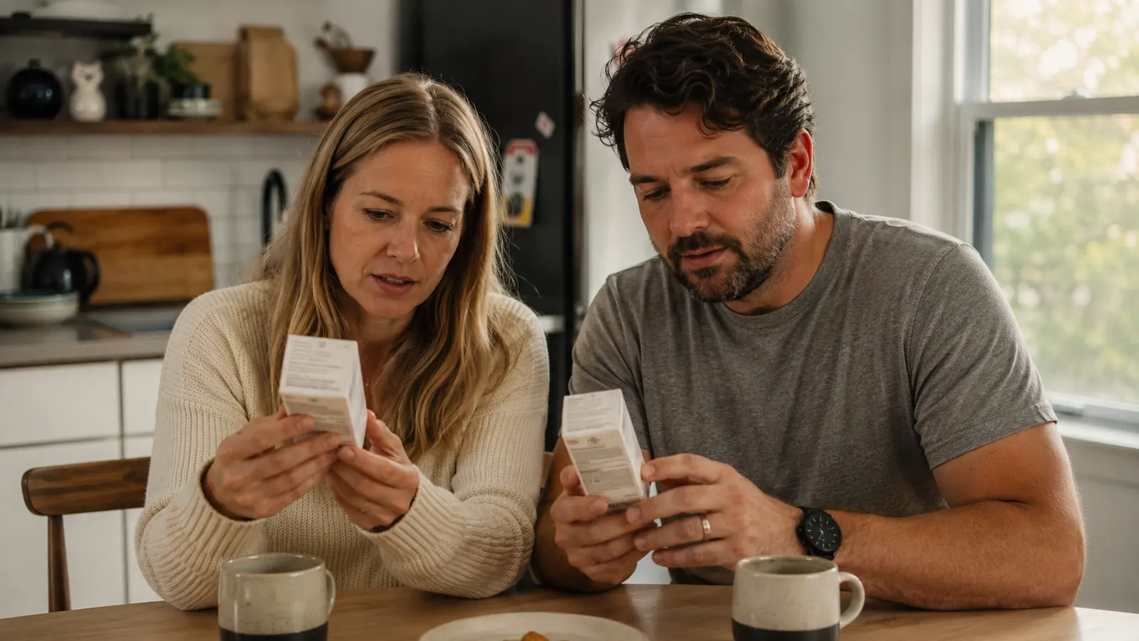 Couple reading ingredient labels on skincare products at a kitchen table