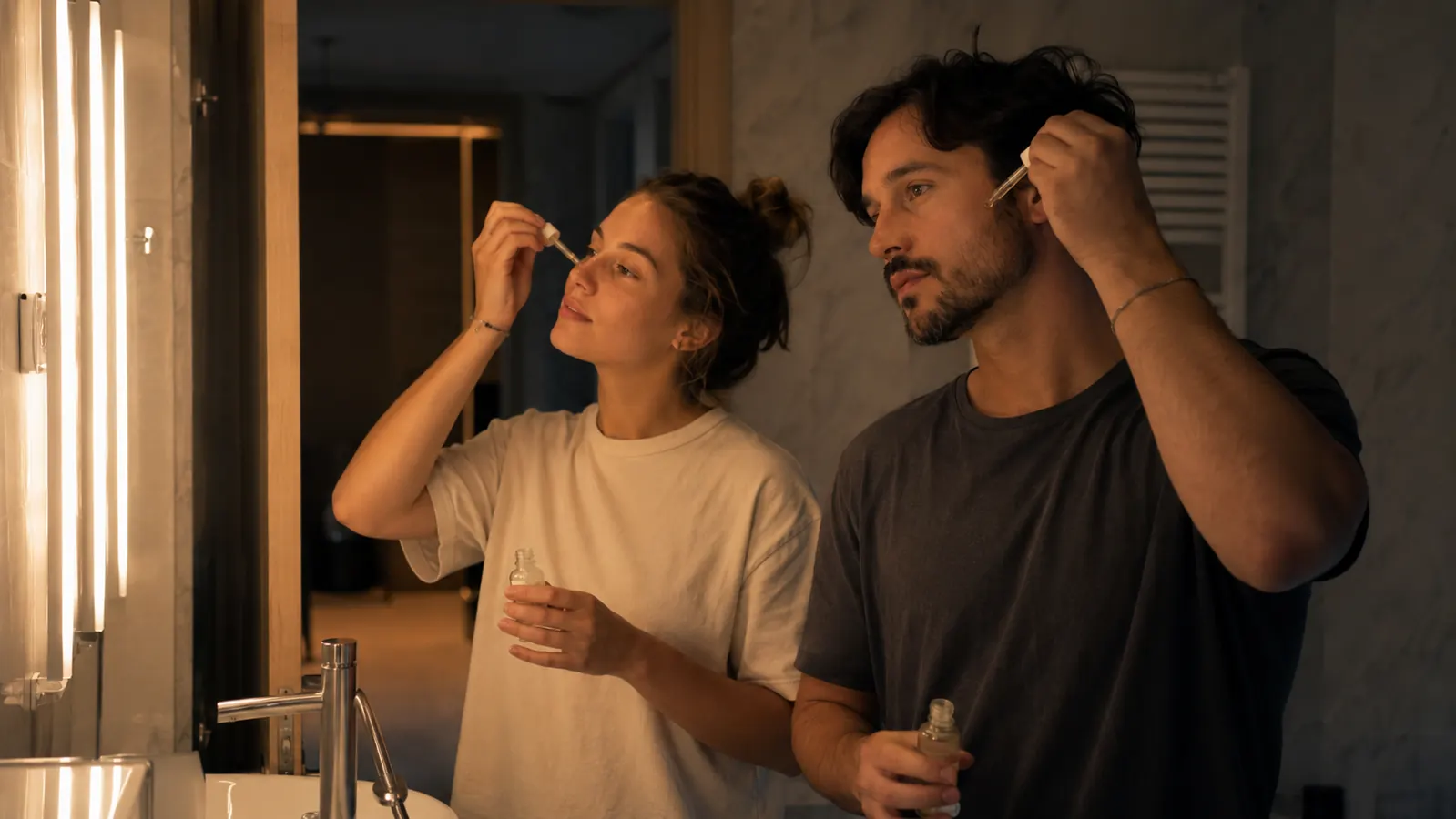Two people at a bathroom vanity at night, applying skincare from small bottles