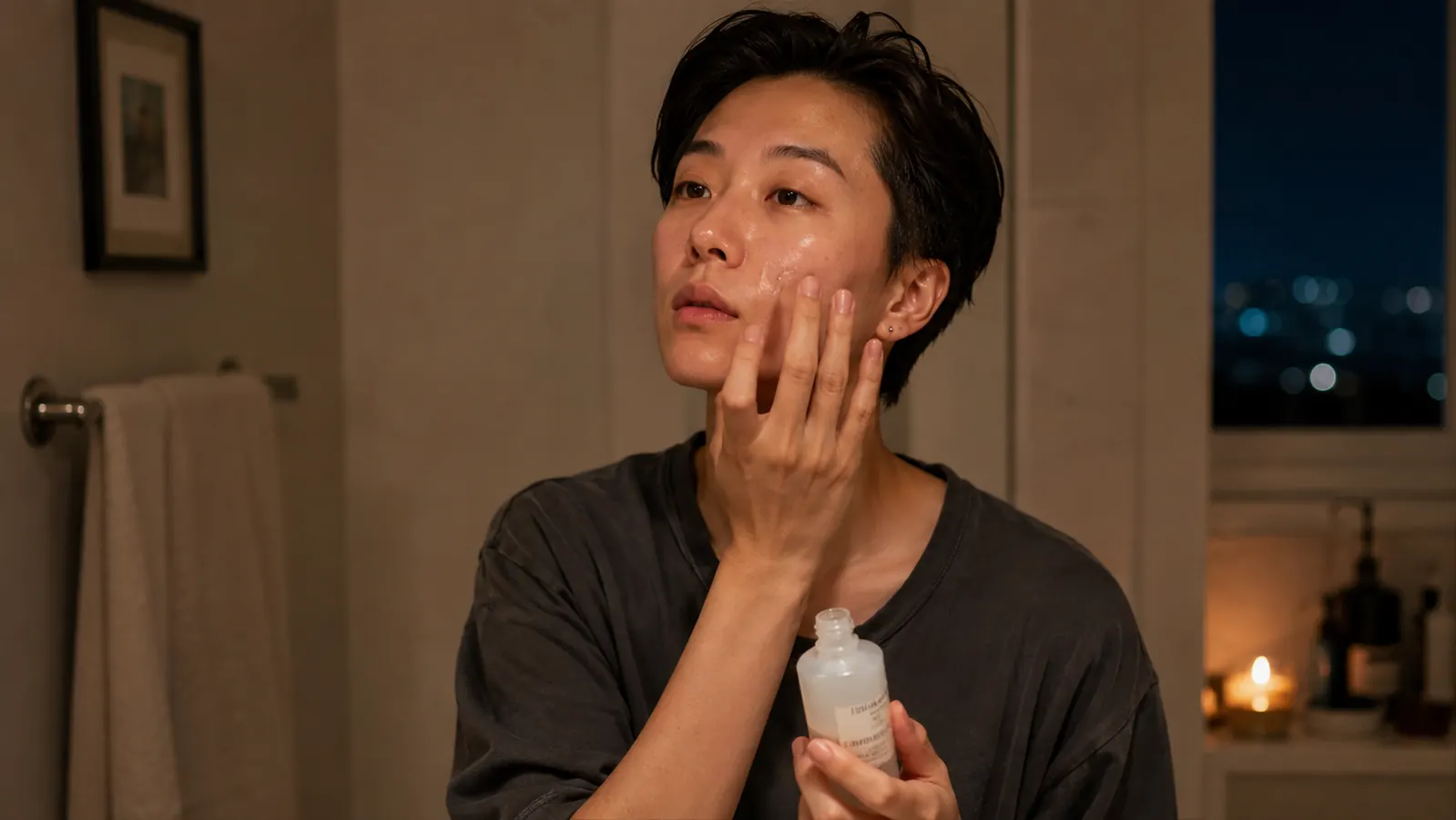 Person applying a few drops of serum to clean skin in front of a bathroom mirror at night