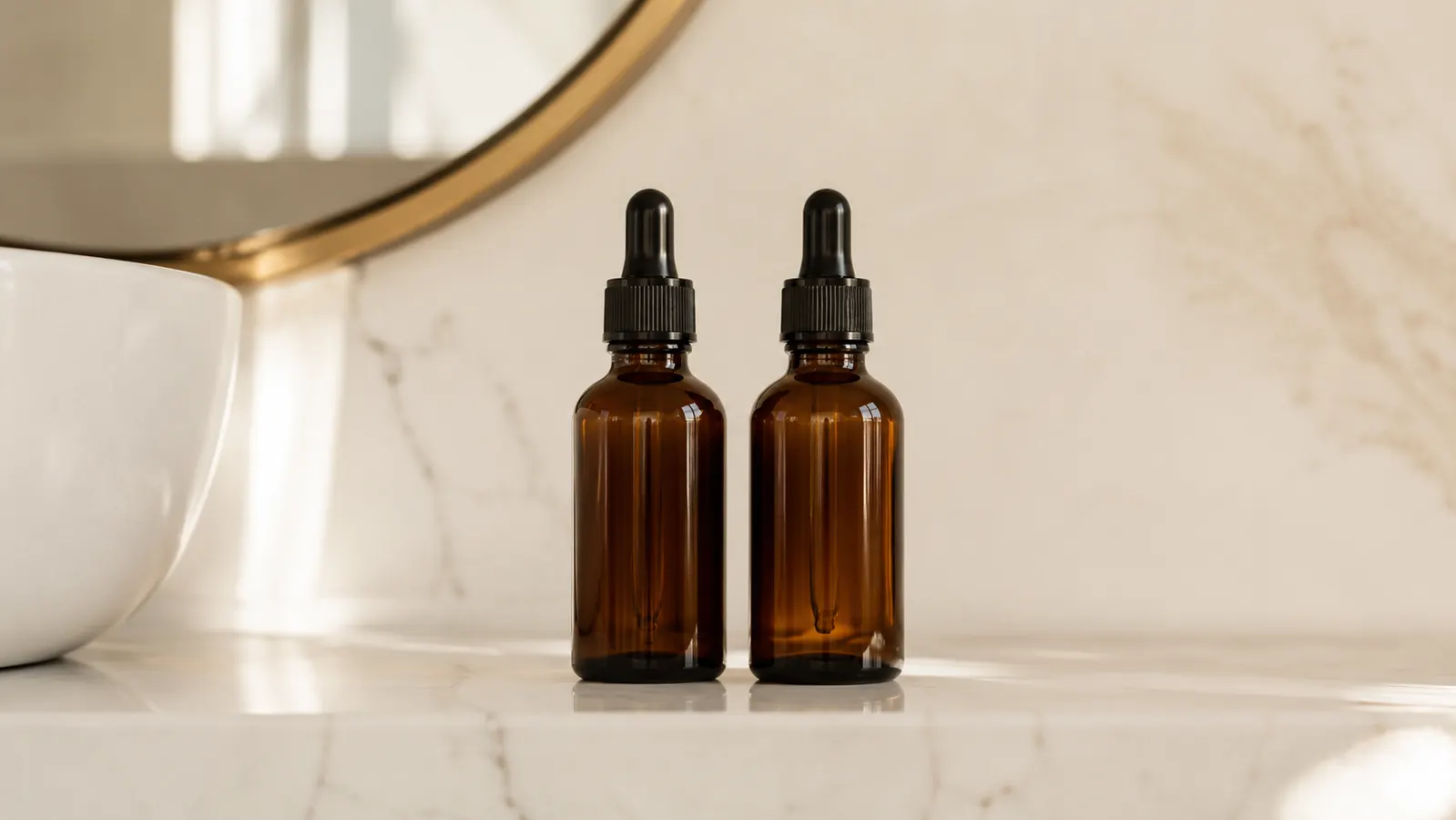 Two dropper bottles of The Ordinary retinoid formulas side by side on a white bathroom shelf