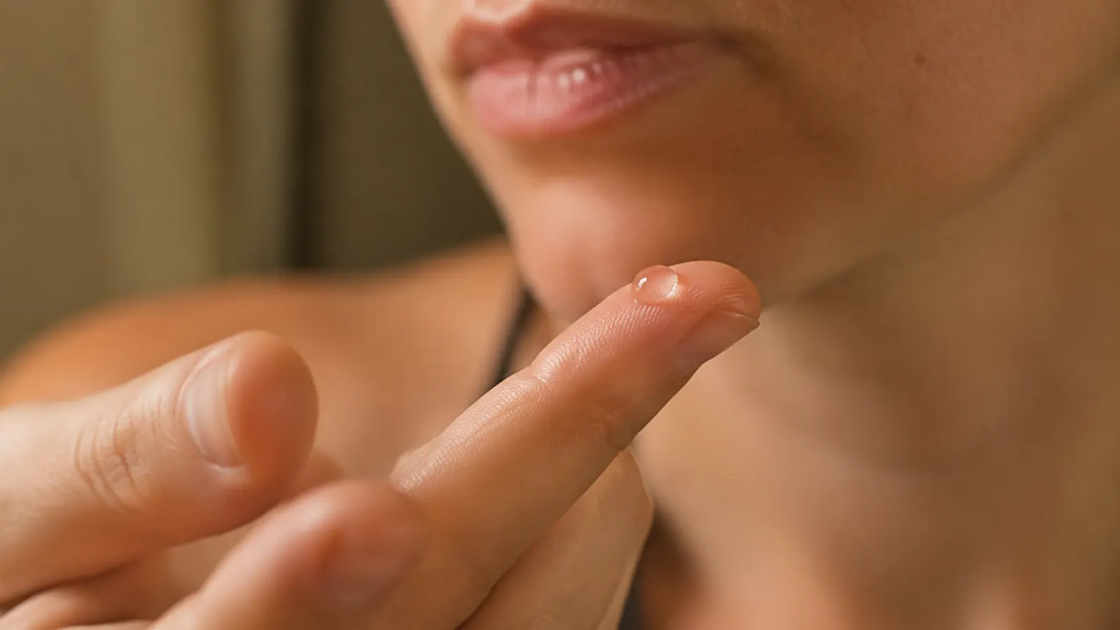 Close-up of a person applying a small drop of serum to their fingertip before patting it onto their cheek