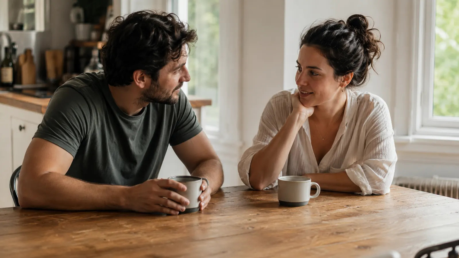 Two people sitting at a kitchen table with coffee cups, talking casually, relaxed and candid