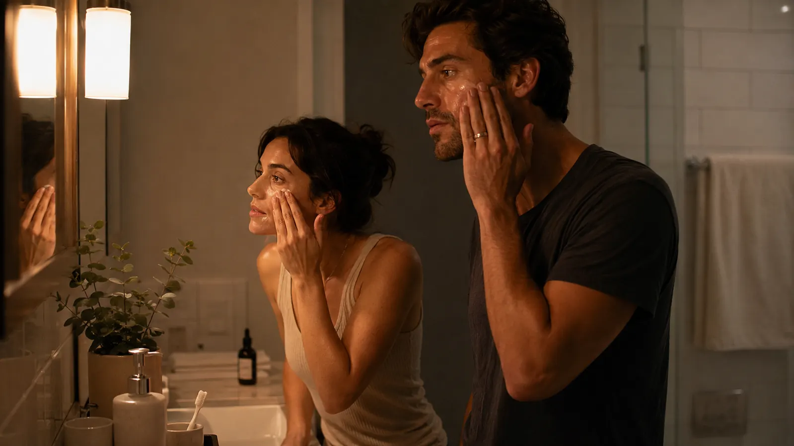 Two people at a bathroom counter sharing a skincare routine at night, soft warm lighting reflecting off white tile
