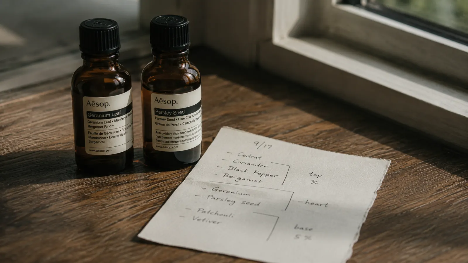 Two small bottles of hair oil and a printed ingredient list on a wooden surface, daylight from a nearby window