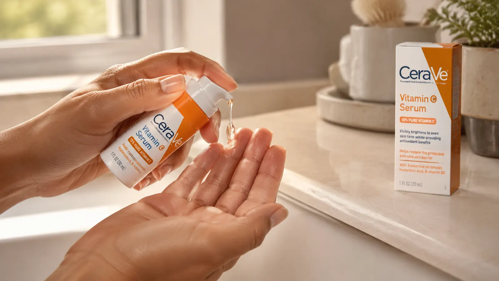 Hand pressing a pump of CeraVe Vitamin C Serum onto fingertips, bathroom counter in background