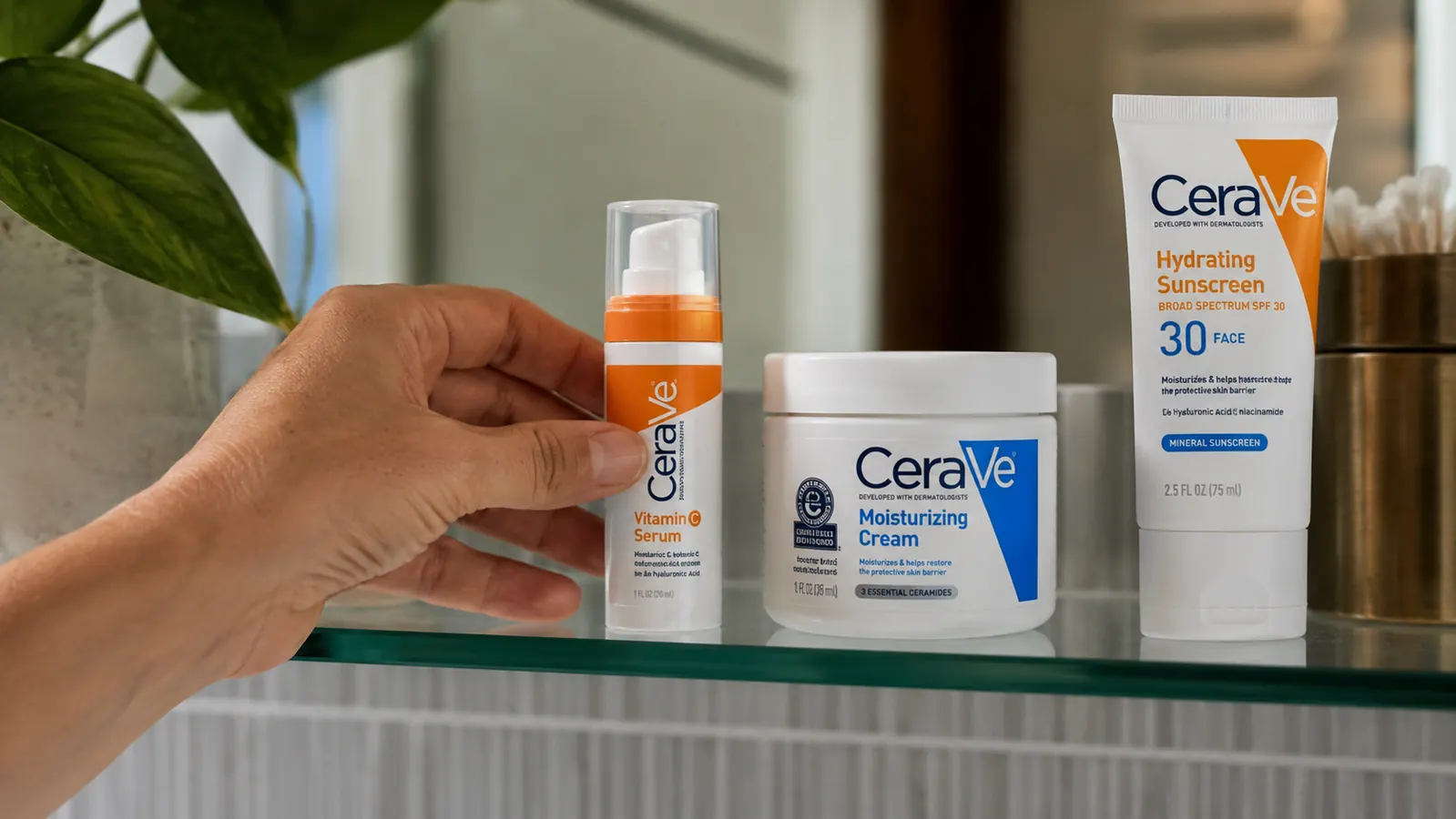 CeraVe Vitamin C Serum bottle on a clean bathroom shelf next to a moisturizer and SPF